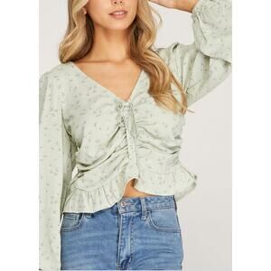 Sage Green Ruched Peplum Floral Top Long Sleeve Top